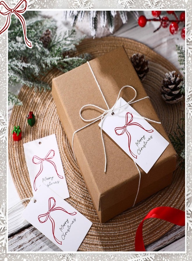 فويووو - ١٠٠ قطعة من بطاقات هدايا عيد الميلاد بتصميم فيونكة حمراء، بطاقات هدايا عيد الميلاد مع خيط، ملصقات ورق تغليف الهدايا، ملصقات لتزيين حفلات عيد الميلاد والحلويات والكعك - Image 4